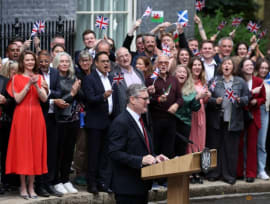 British Prime Minister Keir Starmer speaks, at Number 10 Downing Street, following the results of the election, in London, Britain, July 5, 2024. REUTERS/Kevin Coombs