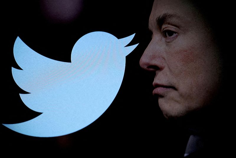 FILE PHOTO: Twitter logo and a photo of Elon Musk are displayed through magnifier in this illustration taken October 27, 2022. REUTERS/Dado Ruvic/Illustration/File Photo